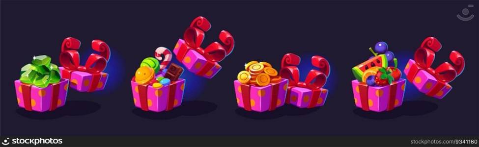 Open gift box with bonus money coin prize vector. Casino reward for lucky giveaway winner cartoon ui design. Mystery online promotion jackpot with trophy pack. Loot asset for lottery award or sale. Open gift box with bonus money coin prize vector