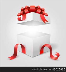 Open gift box with red ribbon. Gift box. Open white surprise box with red ribbon for christmas or happy valentine present vector illustration