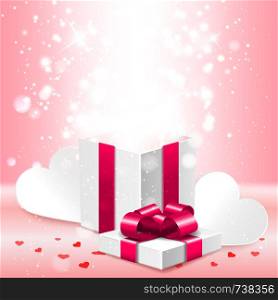 Open gift box with shiny lights surprise inside, greeting card, banner, vector illustration
