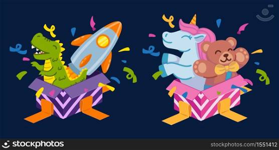 Open gift boxes for boy with dinosaur and space rocket and for girl with unicorn and teddy bear. Set of elements for a happy birthday greeting card and for a party invitation. Vector illustration.