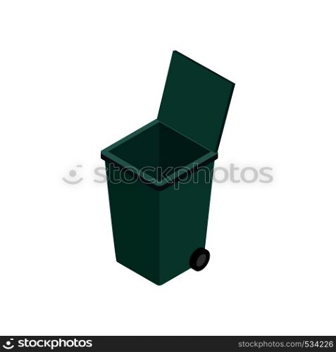 Open green garbage container icon in isometric 3d style on a white background. Open green garbage container icon