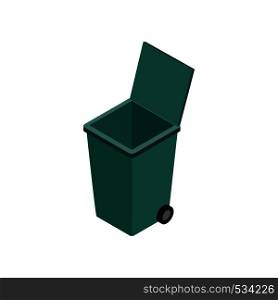 Open green garbage container icon in isometric 3d style on a white background. Open green garbage container icon