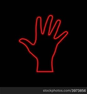 Open hand, palm neon sign. Bright glowing symbol on a black background. Neon style icon.