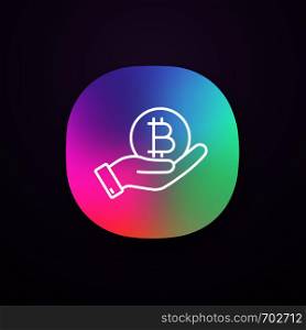 Open hand with bitcoin coin app icon. UI/UX user interface. Buying or selling bitcoin. Cryptocurrency. Web or mobile application. Vector isolated illustration. Open hand with bitcoin coin app icon