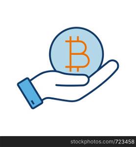 Open hand with bitcoin coin color icon. Buying or selling bitcoin. Cryptocurrency. Isolated vector illustration. Open hand with bitcoin coin color icon