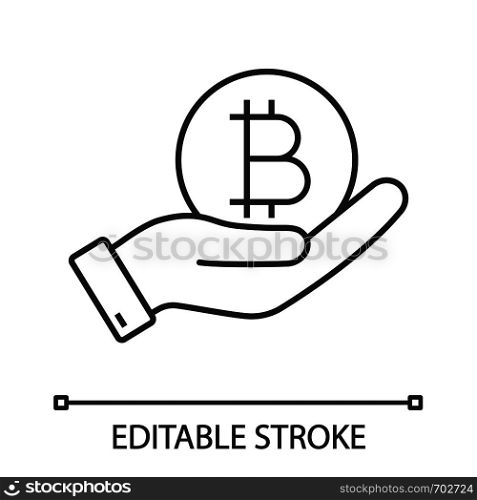 Open hand with bitcoin coin linear icon. Buying or selling bitcoin. Cryptocurrency thin line illustration. Contour symbol. Vector isolated outline drawing. Editable stroke. Open hand with bitcoin coin linear icon