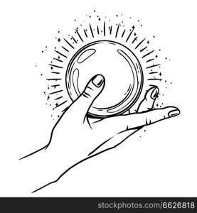 Open hand with magic ball. Spirituality, astrology and esoteric concept. Black and white hand drawn illustration.. Open hand with magic ball.