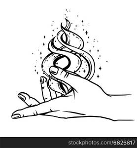 Open hand with magic fire. Spirituality, astrology and esoteric concept. Black and white hand drawn illustration.. Open hand with magic fire.