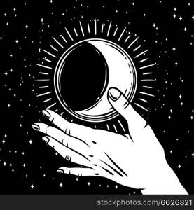 Open hand with vintage moon. Spirituality, astrology and esoteric concept. Black and white hand drawn illustration.. Open hand with vintage moon.