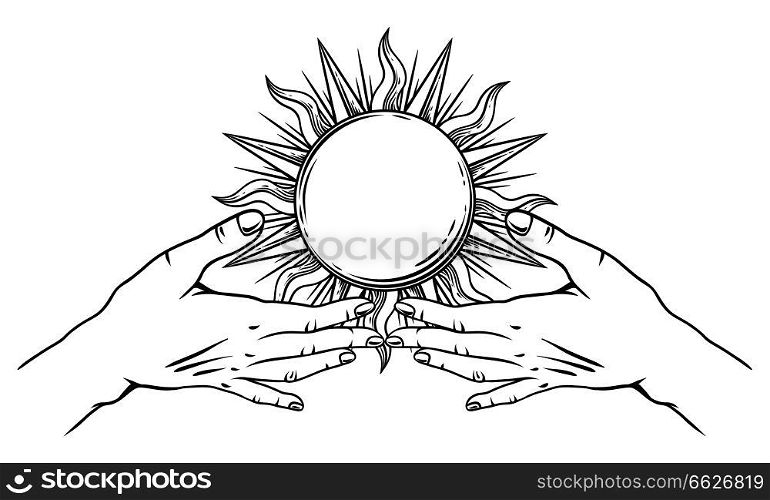 Open hands with vintage sun. Spirituality, astrology and esoteric concept. Black and white hand drawn illustration.. Open hands with vintage sun.