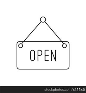 Open hanging sign line icon, thin contour on white background. Open hanging sign line icon