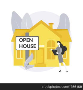 Open house abstract concept vector illustration. Open for inspection property, home for sale, real estate service, potential buyer, walk through, house staging, floor plan abstract metaphor.. Open house abstract concept vector illustration.