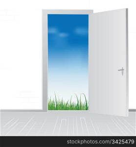 Open house door to green grass meadow and blue sky, vector illustration.