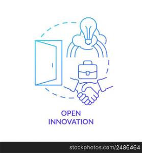 Open innovation blue gradient concept icon. Type of innovation abstract idea thin line illustration. Collaboration outside company. Isolated outline drawing. Myriad Pro-Bold font used. Open innovation blue gradient concept icon