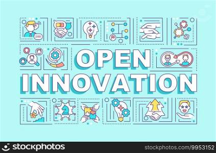Open innovation word concepts banner. Infographics with linear icons on blue background. Use of internal and external ideas. Isolated typography. Vector outline RGB color illustration. Open innovation word concepts banner