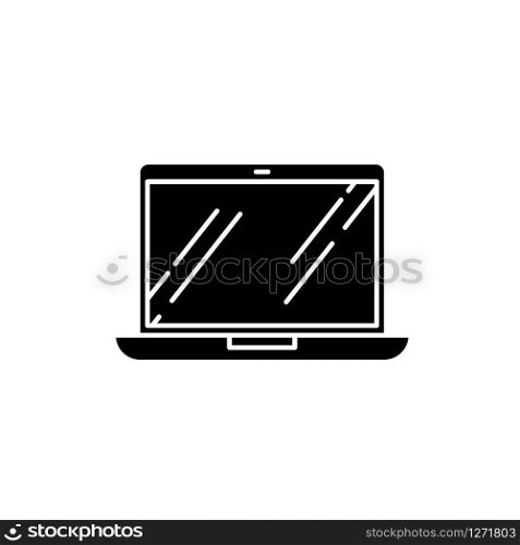 Open laptop black glyph icon. Portable computer. Electronic gadget. Netbook, notebook, ultrabook. Mobile device. Digital technology. Silhouette symbol on white space. Vector isolated illustration