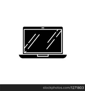 Open laptop black glyph icon. Portable computer. Electronic gadget. Netbook, notebook, ultrabook. Mobile device. Digital technology. Silhouette symbol on white space. Vector isolated illustration