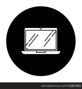 Open laptop glyph icon. Portable computer. Compact electronic gadget. Netbook, notebook, ultrabook. Mobile device. Digital technology. Vector white silhouette illustration in black circle