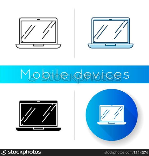 Open laptop icon. Portable computer. Compact electronic gadget. Netbook, notebook, ultrabook. Mobile device. Digital technology. Linear black and RGB color styles. Isolated vector illustrations