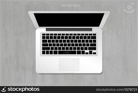 Open laptop on grunge concrete texture background. Vector illustration.