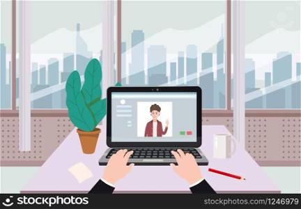 Open laptop, social networking, chat rooms, hand, office interior vector illustration. Open laptop, social networking, chat rooms, hand, office interior, vector, illustration, isolated