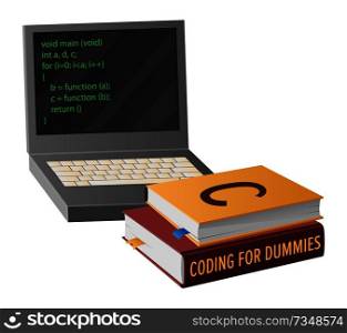 Open laptop with program code on screen and pile of textbooks on informatics isolated cartoon vector illustration on white background.. Open Laptop and Books for Program Code Creation
