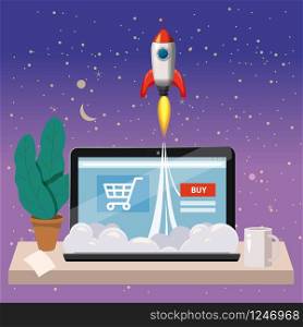 Open laptop with purchase screen, concept, launch of online store, launching rockets, vector. Open laptop with purchase screen, concept, launch of online store, launching rockets, vector, illustration