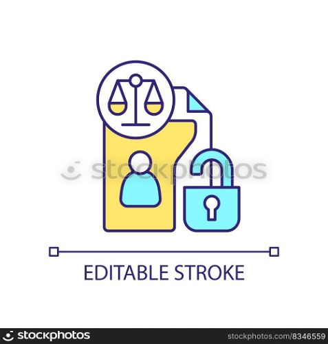 Open legal case documents RGB color icon. Access to personal information. Court papers folder. Isolated vector illustration. Simple filled line drawing. Editable stroke. Arial font used. Open legal case documents RGB color icon