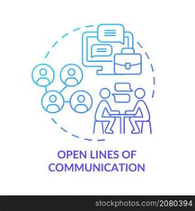 Open lines of communication blue gradient concept icon. Team issues solution abstract idea thin line illustration. Isolated outline drawing. Roboto-Medium, Myriad Pro-Bold fonts used. Open lines of communication blue gradient concept icon