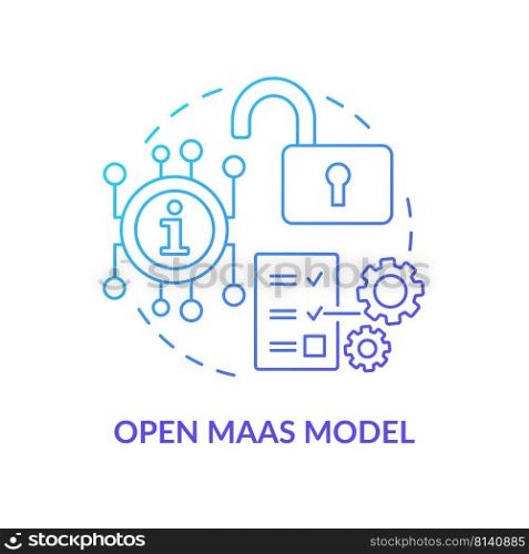 Open Maas model blue gradient concept icon. Regulated utility maas. Mobility as service model abstract idea thin line illustration. Isolated outline drawing. Myriad Pro-Bold font used. Open Maas model blue gradient concept icon