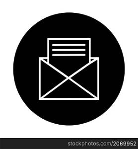 Open mail icon. Letter sign. Black round. Correspondence concept. Business notification. Vector illustration. Stock image. EPS 10.. Open mail icon. Letter sign. Black round. Correspondence concept. Business notification. Vector illustration. Stock image.