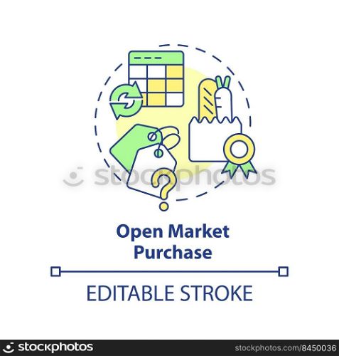 Open market purchase concept icon. Method of food purchasing abstract idea thin line illustration. Standard of quality. Isolated outline drawing. Editable stroke. Arial, Myriad Pro-Bold fonts used. Open market purchase concept icon