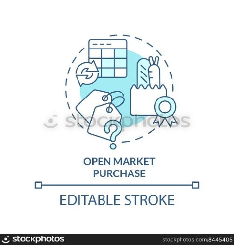 Open market purchase turquoise concept icon. Food purchasing abstract idea thin line illustration. Standard of quality. Isolated outline drawing. Editable stroke. Arial, Myriad Pro-Bold fonts used. Open market purchase turquoise concept icon