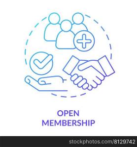 Open membership blue gradient concept icon. Cooperative society advantage abstract idea thin line illustration. Members recruitment. Isolated outline drawing. Myriad Pro-Bold font used. Open membership blue gradient concept icon