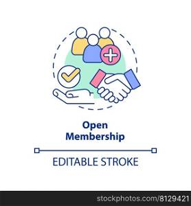 Open membership concept icon. Cooperative society advantage abstract idea thin line illustration. Members recruitment. Isolated outline drawing. Editable stroke. Arial, Myriad Pro-Bold fonts used. Open membership concept icon