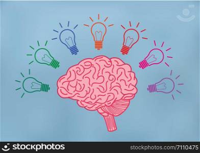 Open Mind Illustration Creative ideas. Yellow brain with multiple light bulbs Luminous sparking ideas in business. on background blue vector