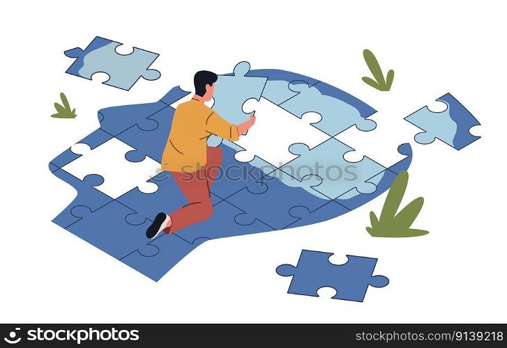 Open mind psychotherapy. Person collects his lost identity from puzzle jigsaw pieces, mental health steps, healing process, cartoon flat style isolated illustration, nowaday vector psychology concept. Open mind psychotherapy. Person collects his lost identity from puzzle jigsaw pieces, mental health steps, healing process, cartoon flat illustration, nowaday vector psychology concept