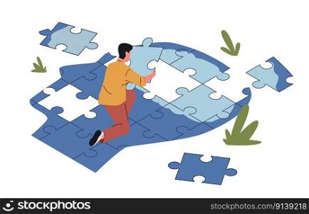 Open mind psychotherapy. Person collects his lost identity from puzzle jigsaw pieces, mental health steps, healing process, cartoon flat style isolated illustration, nowaday vector psychology concept. Open mind psychotherapy. Person collects his lost identity from puzzle jigsaw pieces, mental health steps, healing process, cartoon flat illustration, nowaday vector psychology concept