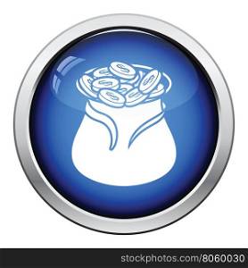 Open money bag icon. Glossy button design. Vector illustration.