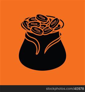Open money bag icon. Orange background with black. Vector illustration.