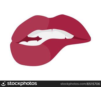 Open Mouth with Red Lips Biting. Smile with Tooth. Open Mouth with Red Lips Biting. Smile with white tooth design flat. Dental and smile, healthy dental teeth, beauty and care smile, health and clean tooth, whitening human perfect toothy. Vector
