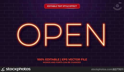Open neon glowing text effect isolated on brick background. Editable text effect