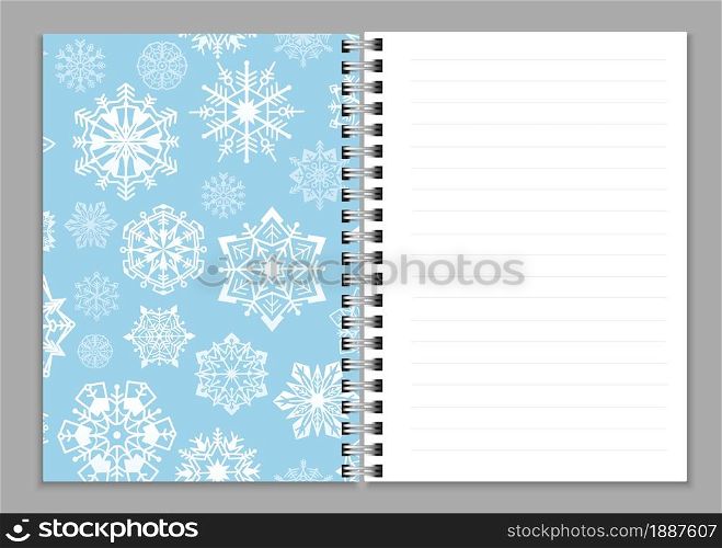 Open notebook realistic. Copybook or sketchbook, notepad or copybook with ring spiral bound pages and white snowflakes blue colored cover. Winter holidays stationery. Vector isolated illustration. Open notebook realistic. Copybook or sketchbook, notepad or copybook with ring spiral bound pages and white snowflakes blue colored cover. Winter holidays stationery. Vector illustration