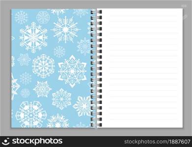 Open notebook realistic. Copybook or sketchbook, notepad or copybook with ring spiral bound pages and white snowflakes blue colored cover. Winter holidays stationery. Vector isolated illustration. Open notebook realistic. Copybook or sketchbook, notepad or copybook with ring spiral bound pages and white snowflakes blue colored cover. Winter holidays stationery. Vector illustration