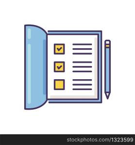 Open notebook RGB color icon. List with ticked checkboxes. Completed test form. Mark boxes for poll. School papers. Office report. Fill report with pen. Isolated vector illustration