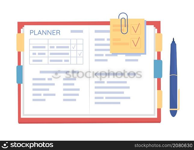 Open notebook semi flat color vector object. Planning events and tasks. Realistic item on white. Lifestyle isolated modern cartoon style illustration for graphic design and animation. Open notebook semi flat color vector object