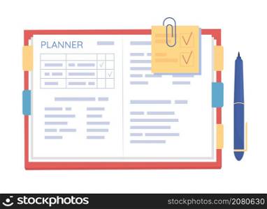 Open notebook semi flat color vector object. Planning events and tasks. Realistic item on white. Lifestyle isolated modern cartoon style illustration for graphic design and animation. Open notebook semi flat color vector object