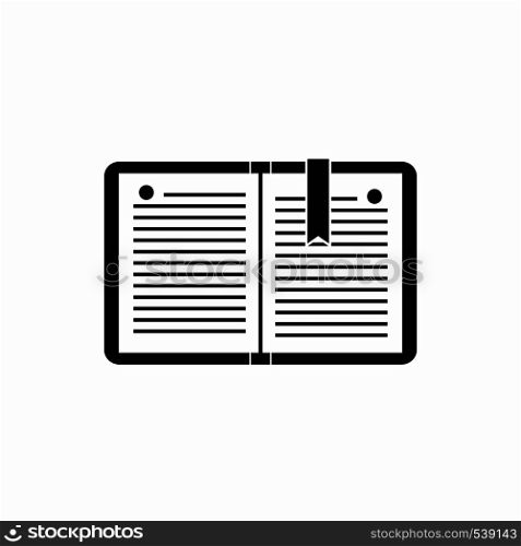 Open notebook with bookmark icon in simple style on a white background. Open notebook with bookmark icon, simple style