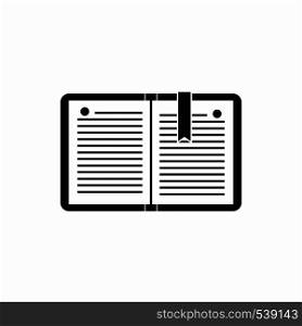Open notebook with bookmark icon in simple style on a white background. Open notebook with bookmark icon, simple style