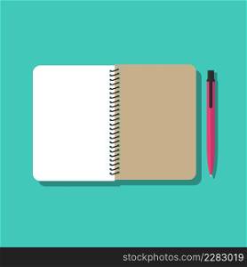 Open notepad and pen isolated on blue-green background. Flat style, vector illustration. Open notepad and pen isolated on blue-green background.